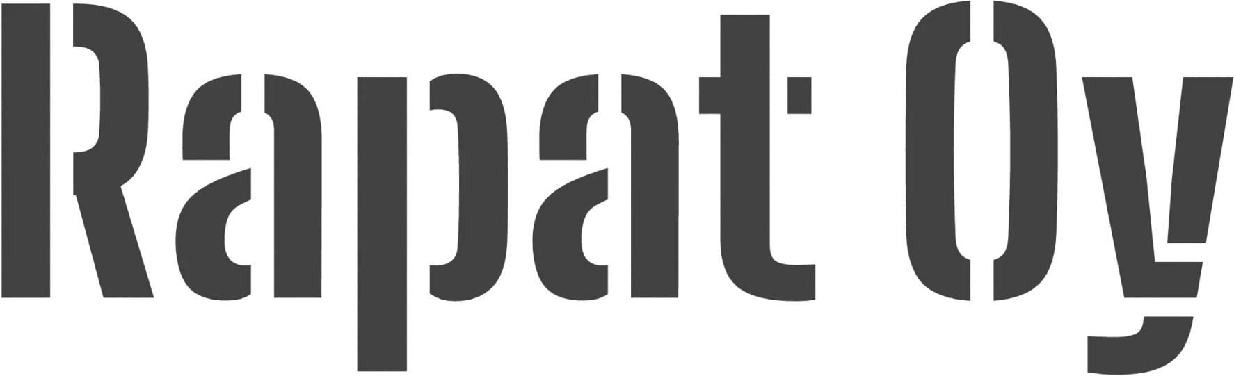 Tummanharmaa teksti "Rapat Oy" mustalla taustalla, stensiilifontilla.